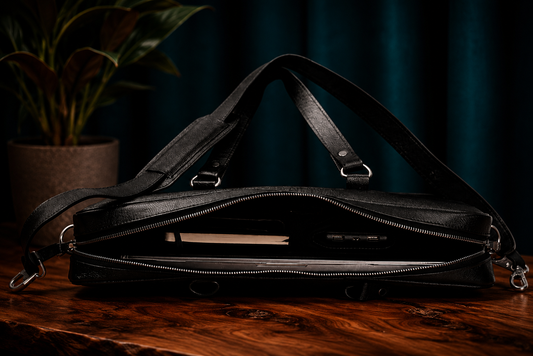 Men's Black Leather Messenger Laptop Bag | 15" Slim Carry-On Work