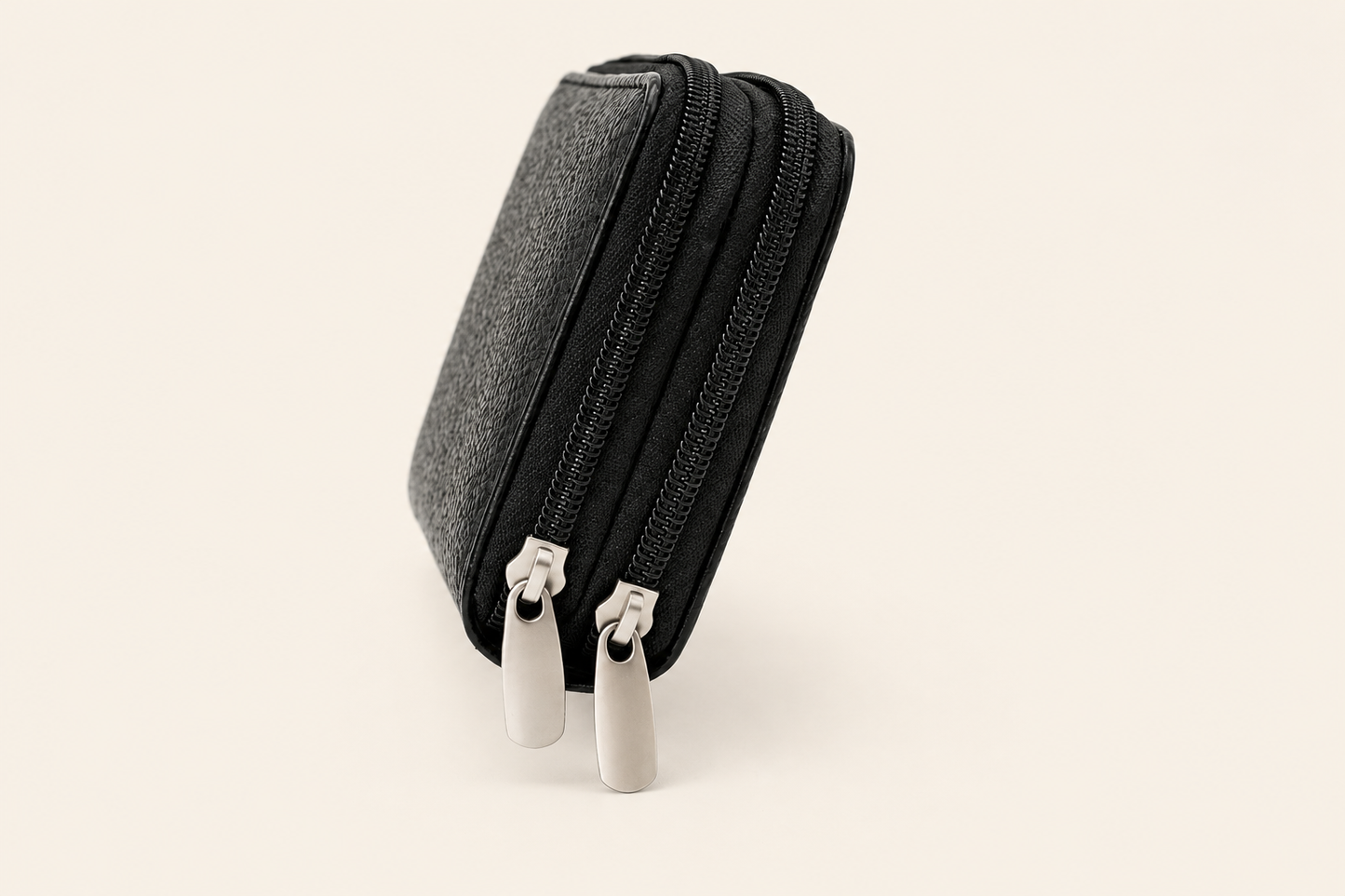 Compact Zip-Around Wallet in Black Pebbled Leather