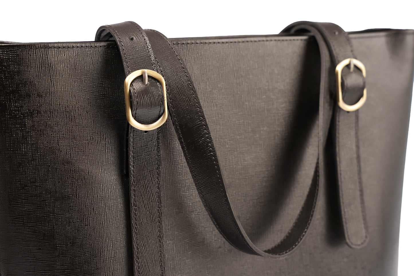 Women's Black Saffiano Leather Buckle Tote | Adjustable Strap Handbag
