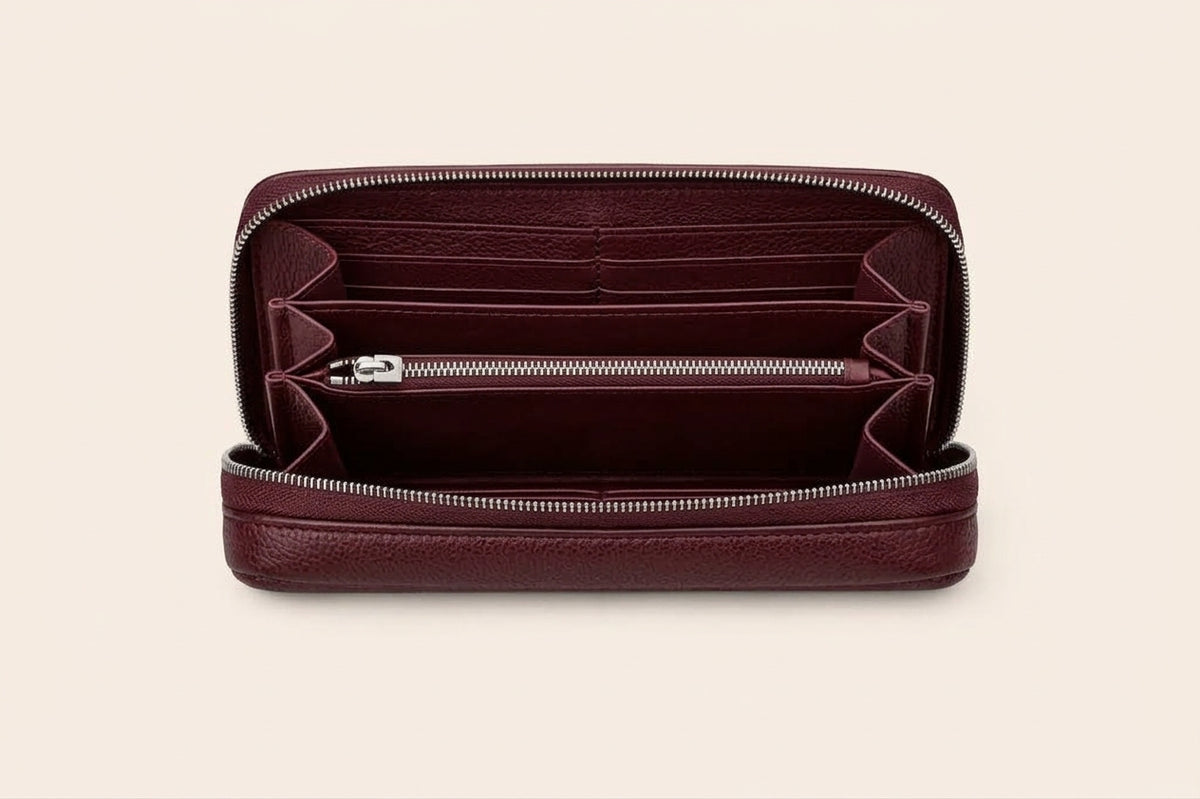 Compact Zip-Around Wallet in Black Pebbled Leather