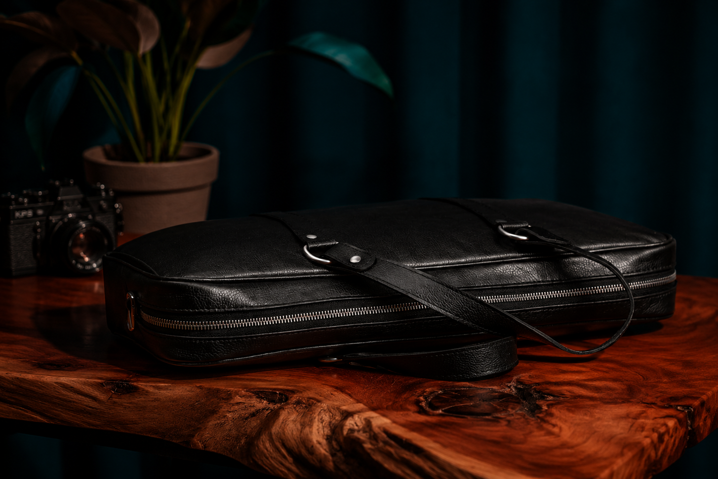 Men's Black Leather Laptop Bag | 15" Slim Carry-On Work Briefcase Tote