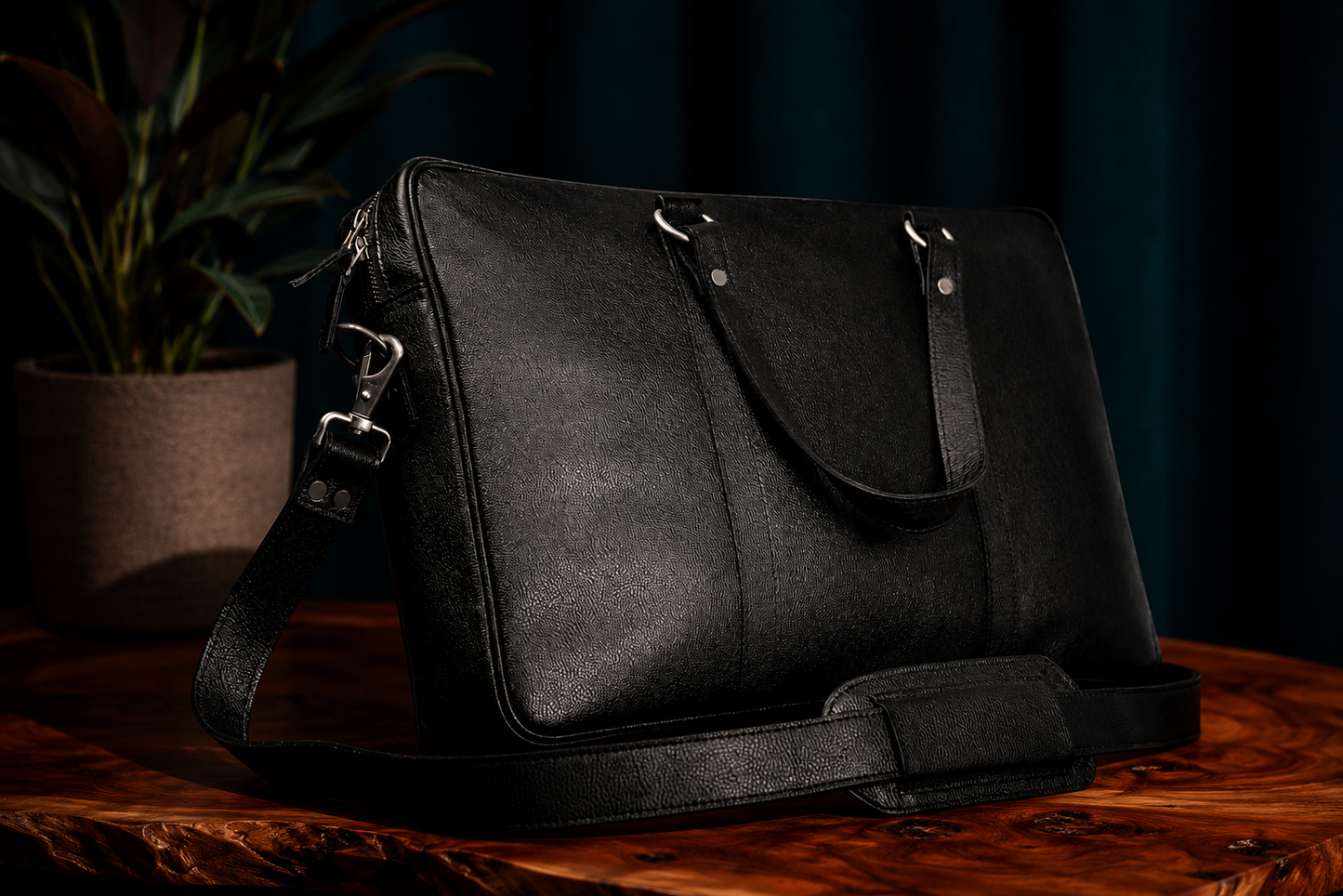 Men's Black Leather Laptop Bag | 15" Slim Carry-On Work Briefcase Tote