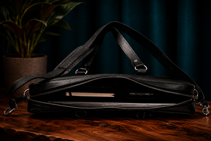 Men's Black Leather Laptop Bag | 15" Slim Carry-On Work Briefcase Tote