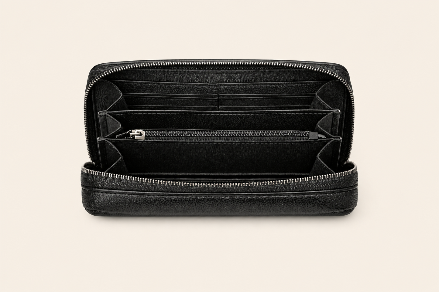 Compact Zip-Around Wallet in Black Pebbled Leather