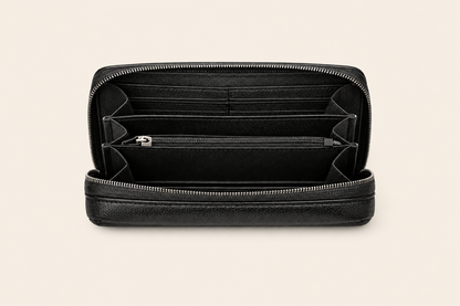 Compact Zip-Around Wallet in Black Pebbled Leather