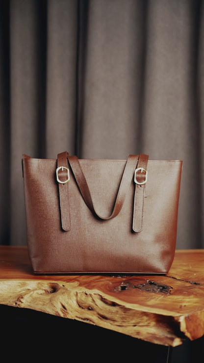 Women's Chocolate Saffiano Leather Tote | Buckle Strap Shoulder Bag